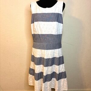 Maggy Boutique Blue White Striped Floral Eyelet Coastal Dress Size 16 Lined